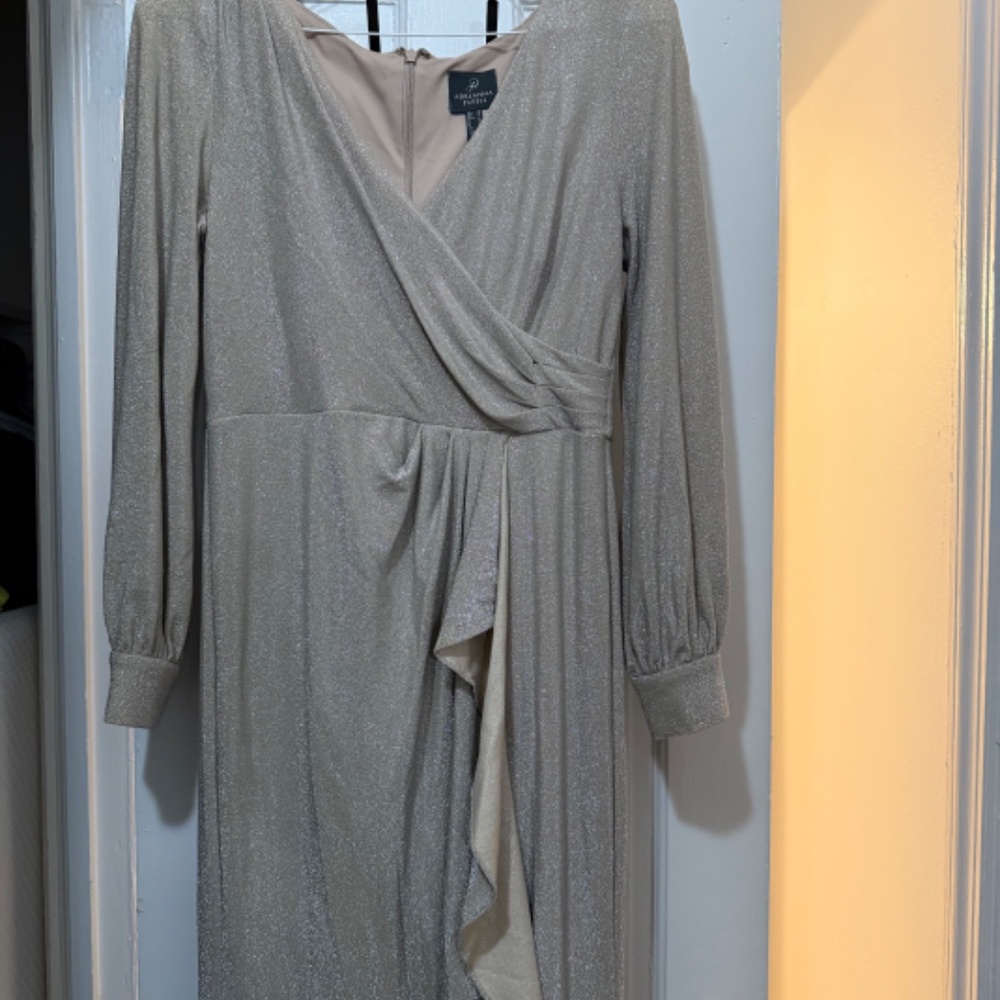 Adrianna Papell Champagne Gold Sparkle Wrap Long Sleeve Zip Floor Length Slit